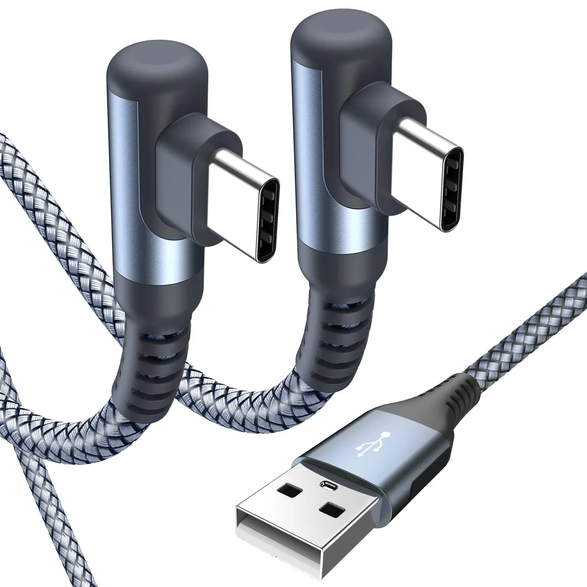 Two grey right-angle USB-C cables with braided sleeves and metal connectors