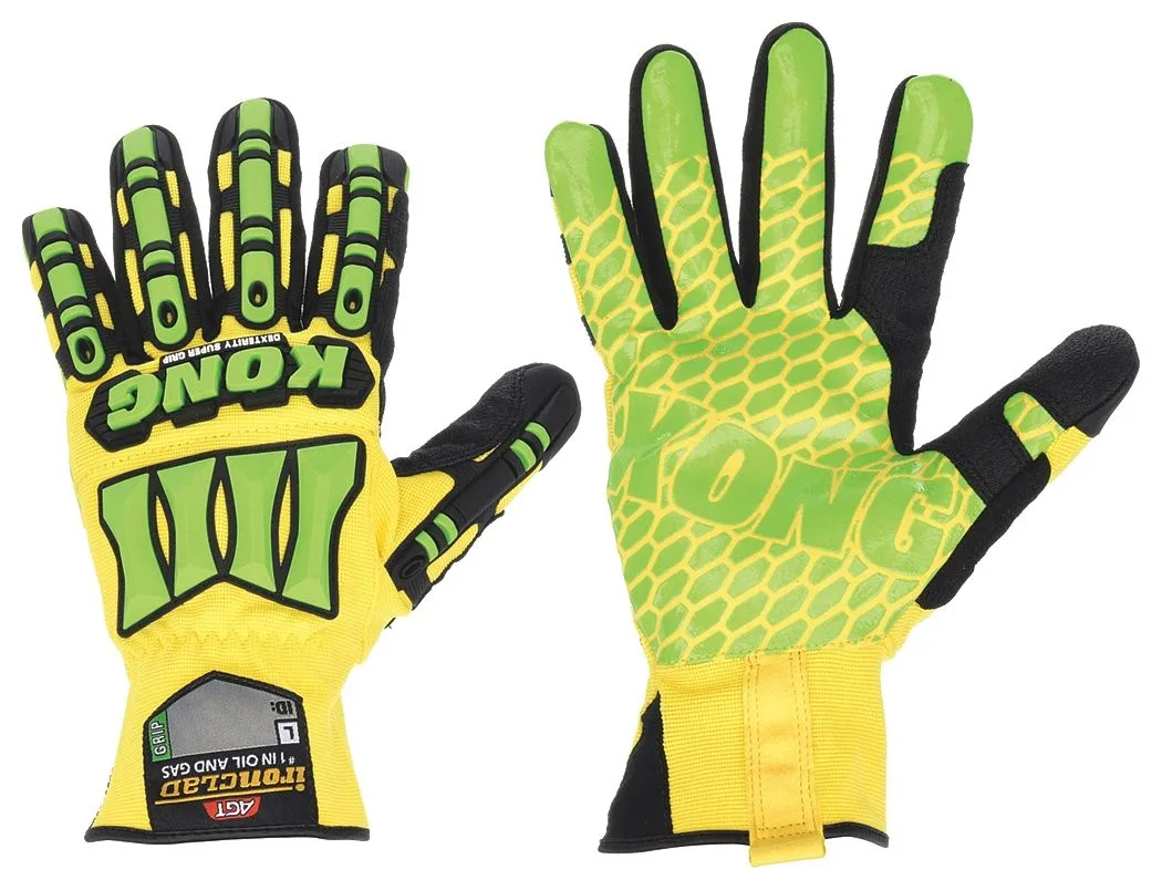 Pair of yellow and green mechanics gloves with TPR knuckle protection and gauntlet cuffs