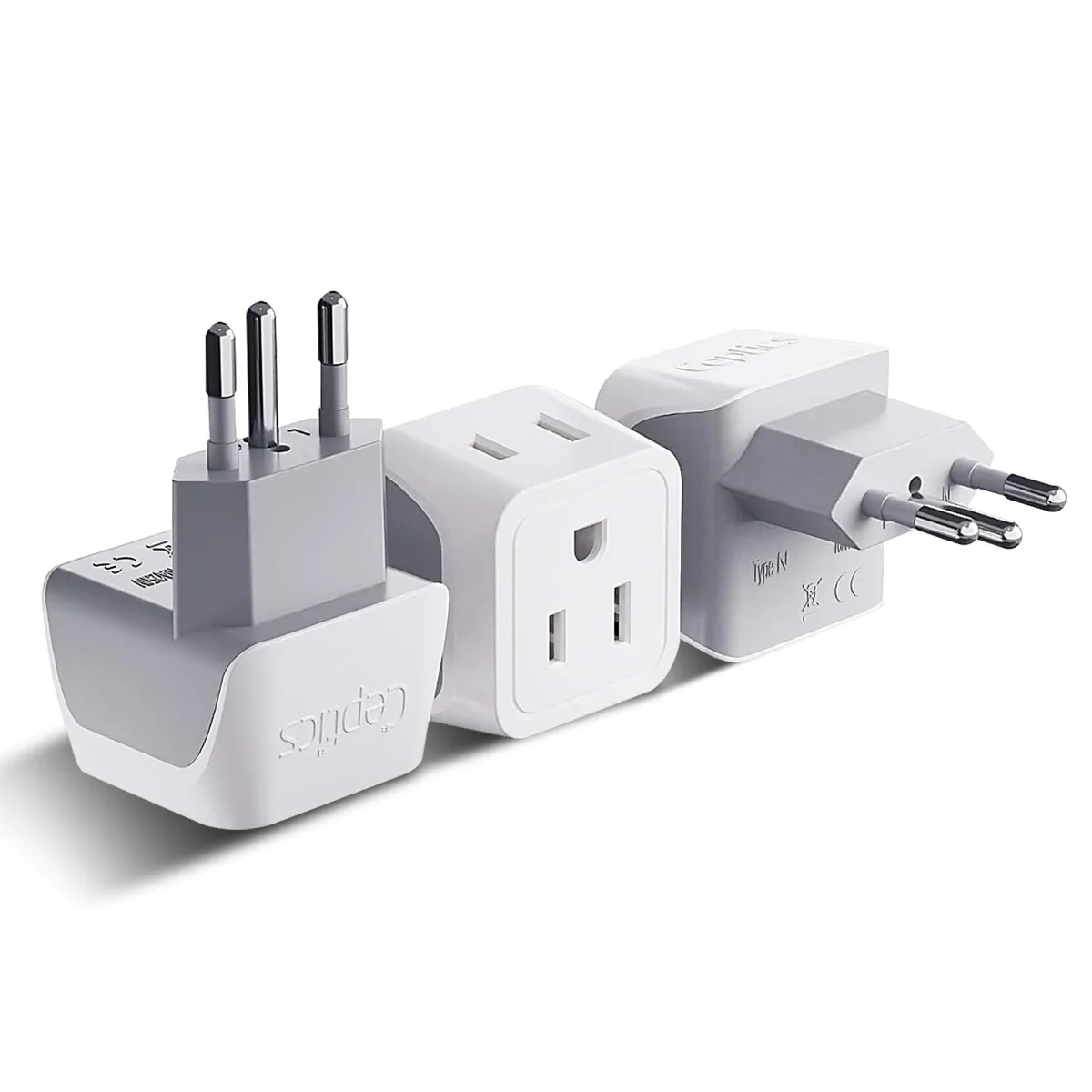 Three small white-grey cube adapters with Type N pins and dual US sockets
