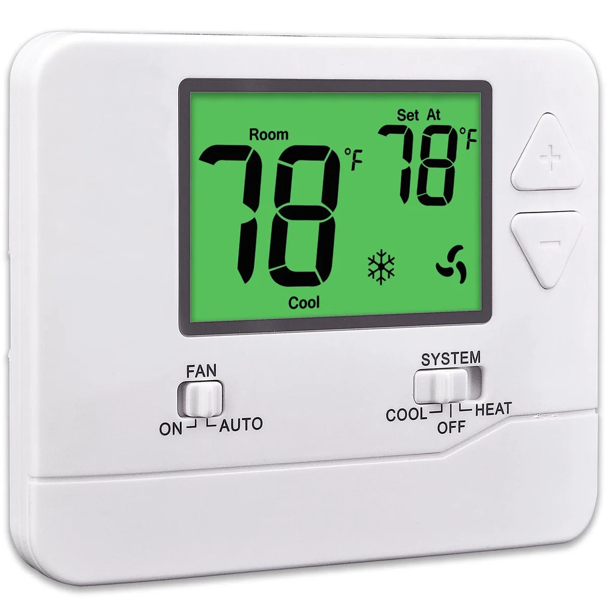 White rectangular wall thermostat with green backlit display and push buttons