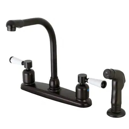 Oil-rubbed bronze centerset kitchen faucet with porcelain lever handles and matching side sprayer