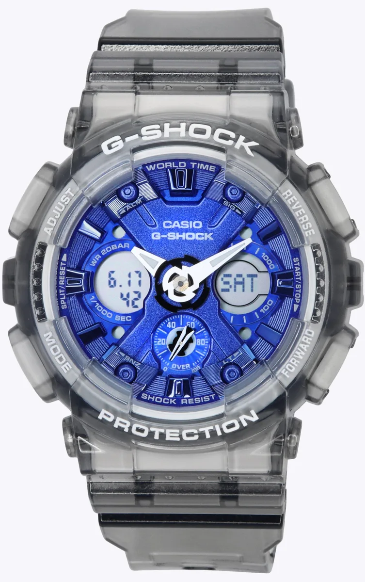 Translucent gray resin round watch with blue analog-digital dial