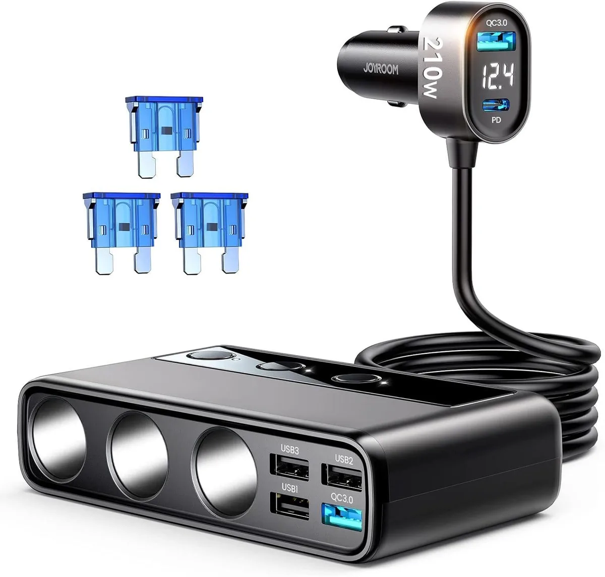 TESSAN 9-in-1 Cigarette Lighter Splitter 154W PD/QC 3.0 3.3FT Cable 12V/24V Independent Switches — product photo