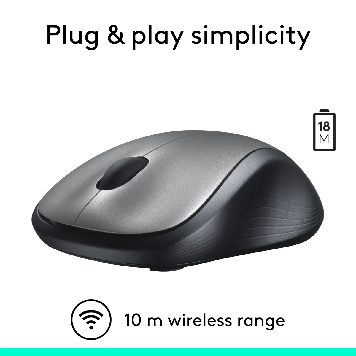 Dark gray wireless mouse with contoured shape, rubber side grips, three buttons and a scroll wheel