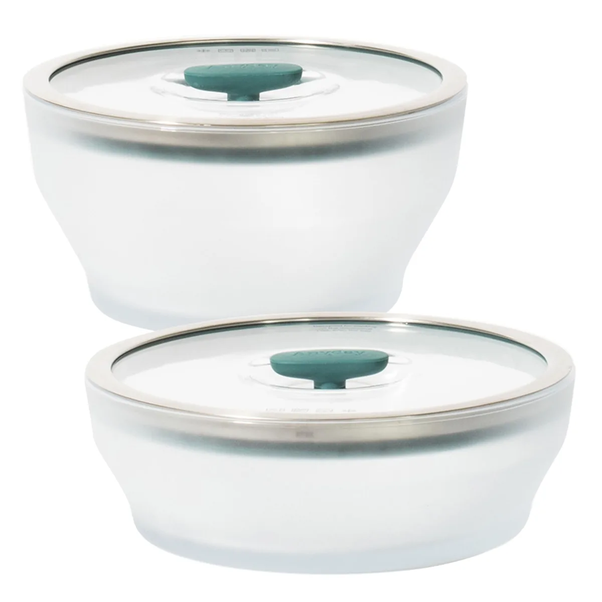 Four rectangular frosted-kale glass bowls with vented silicone-rimmed lids, stacked together