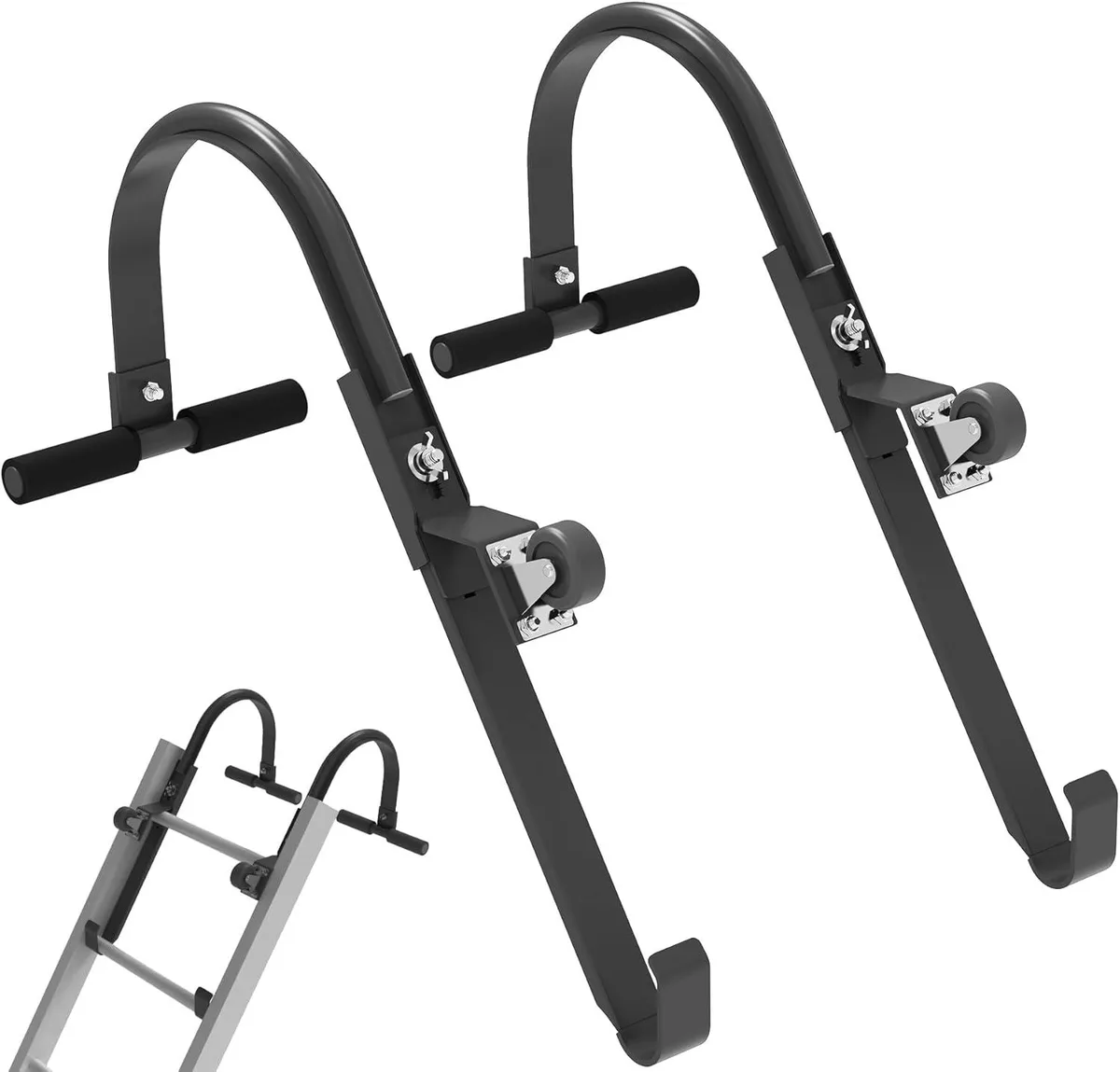 Steel roof ladder hook with rubber grip T-bar and wheel stabilizer, silver finish