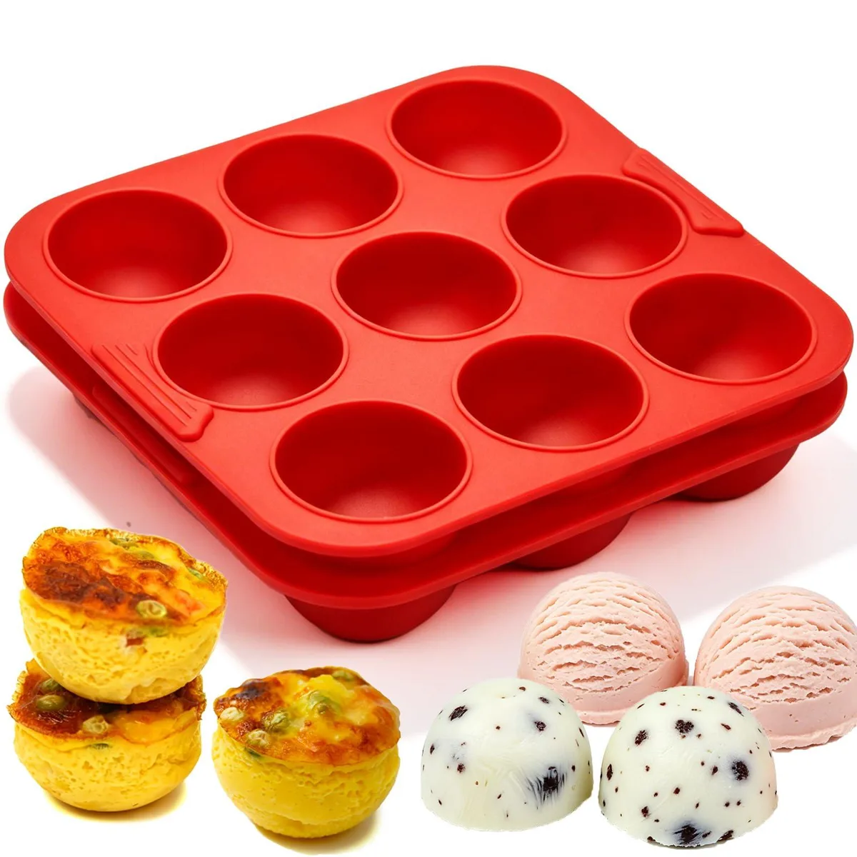 Two red silicone egg bite molds each with nine shallow round cavities
