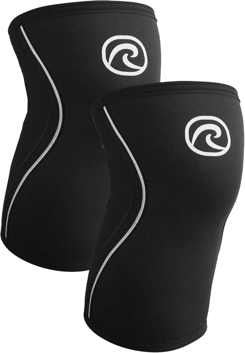 Black 5mm neoprene knee sleeve, anatomical four-panel shape, sold as a pair