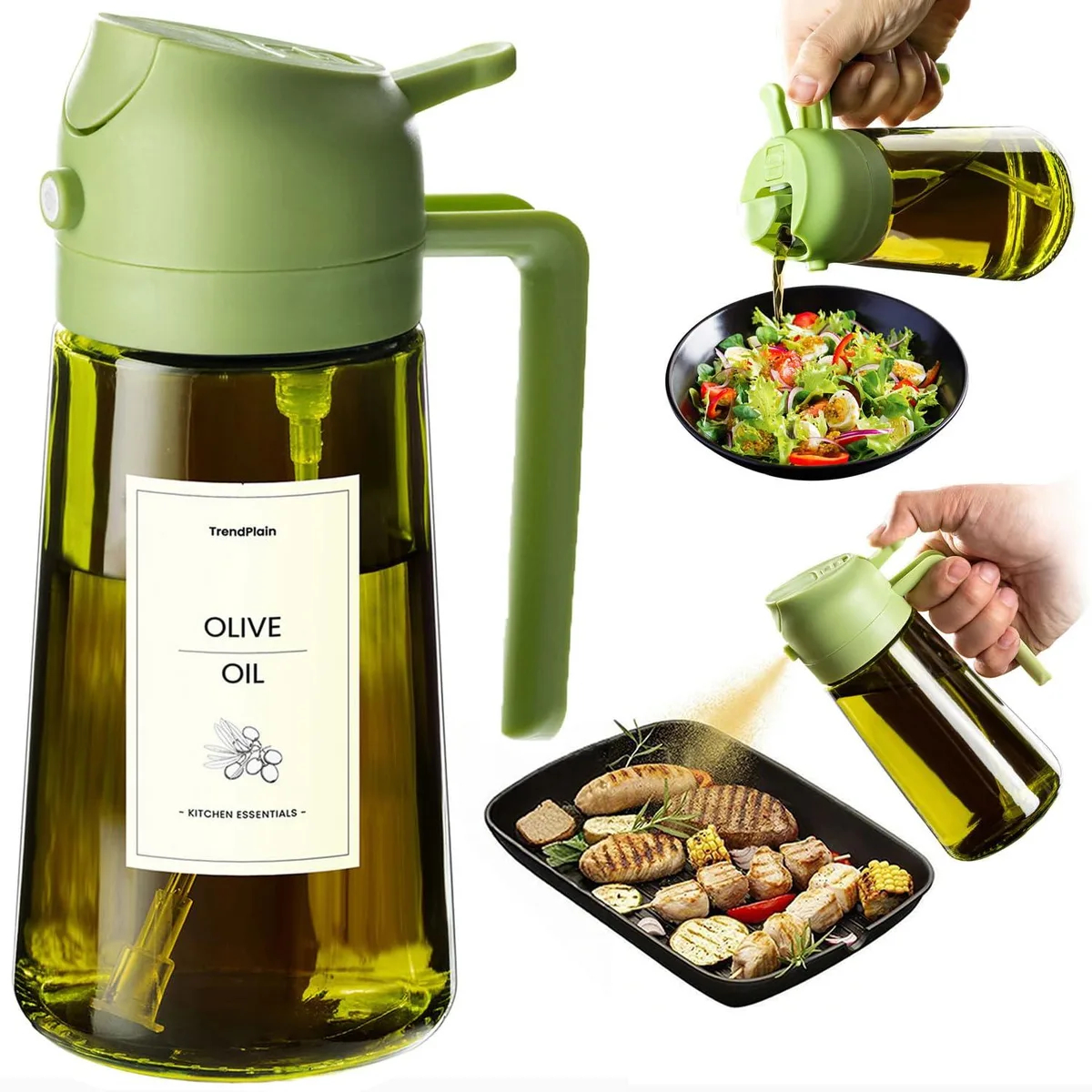 Green glass oil dispenser bottle with spray nozzle and handle 18.31 cm tall