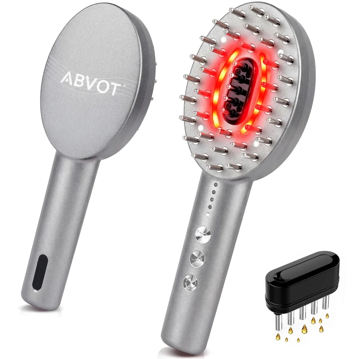Grey electric scalp massager, long handle with 41 comb teeth and oil tank