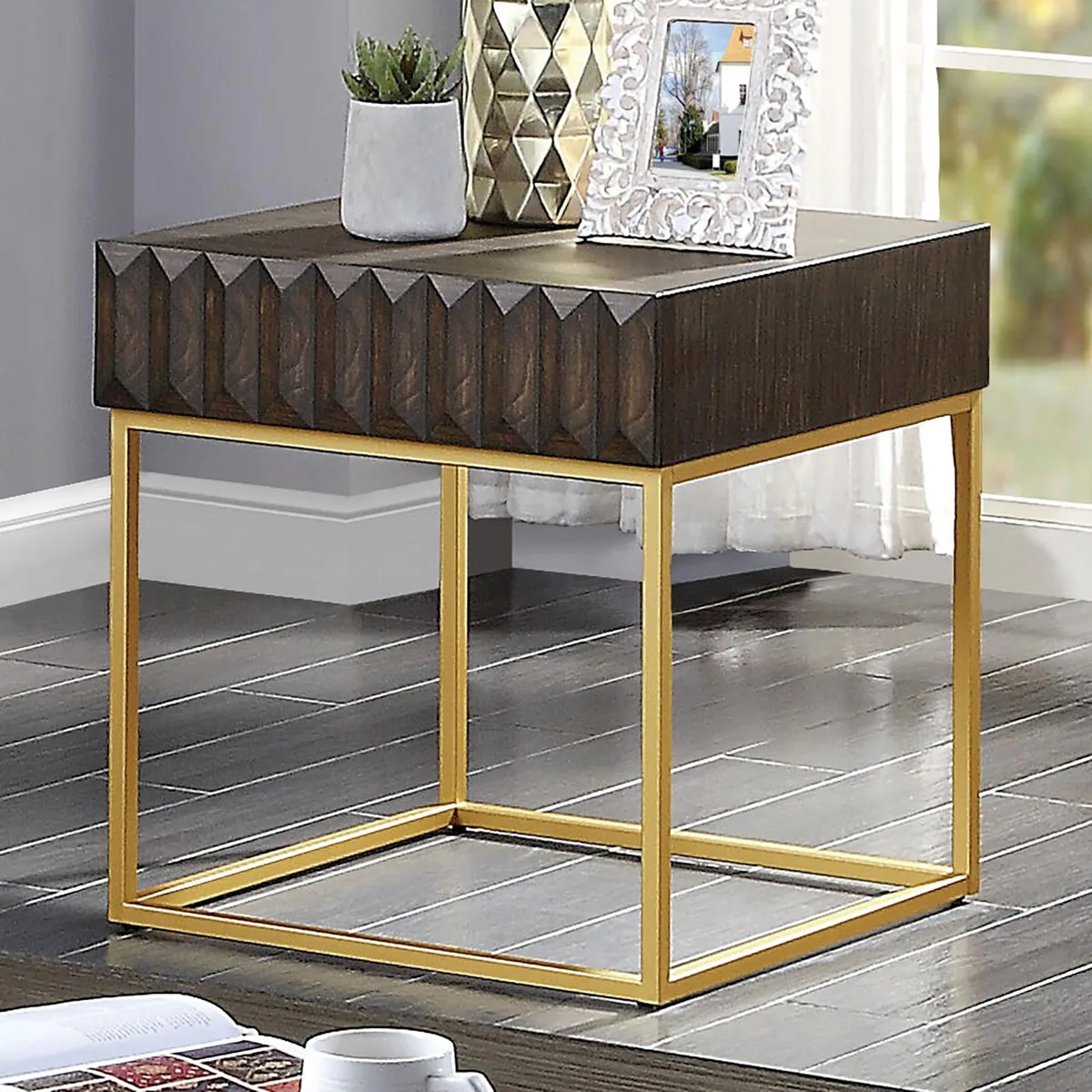 tuphen tuphen Contemporary End Table Walnut/Gold Concealed Drawers — product photo