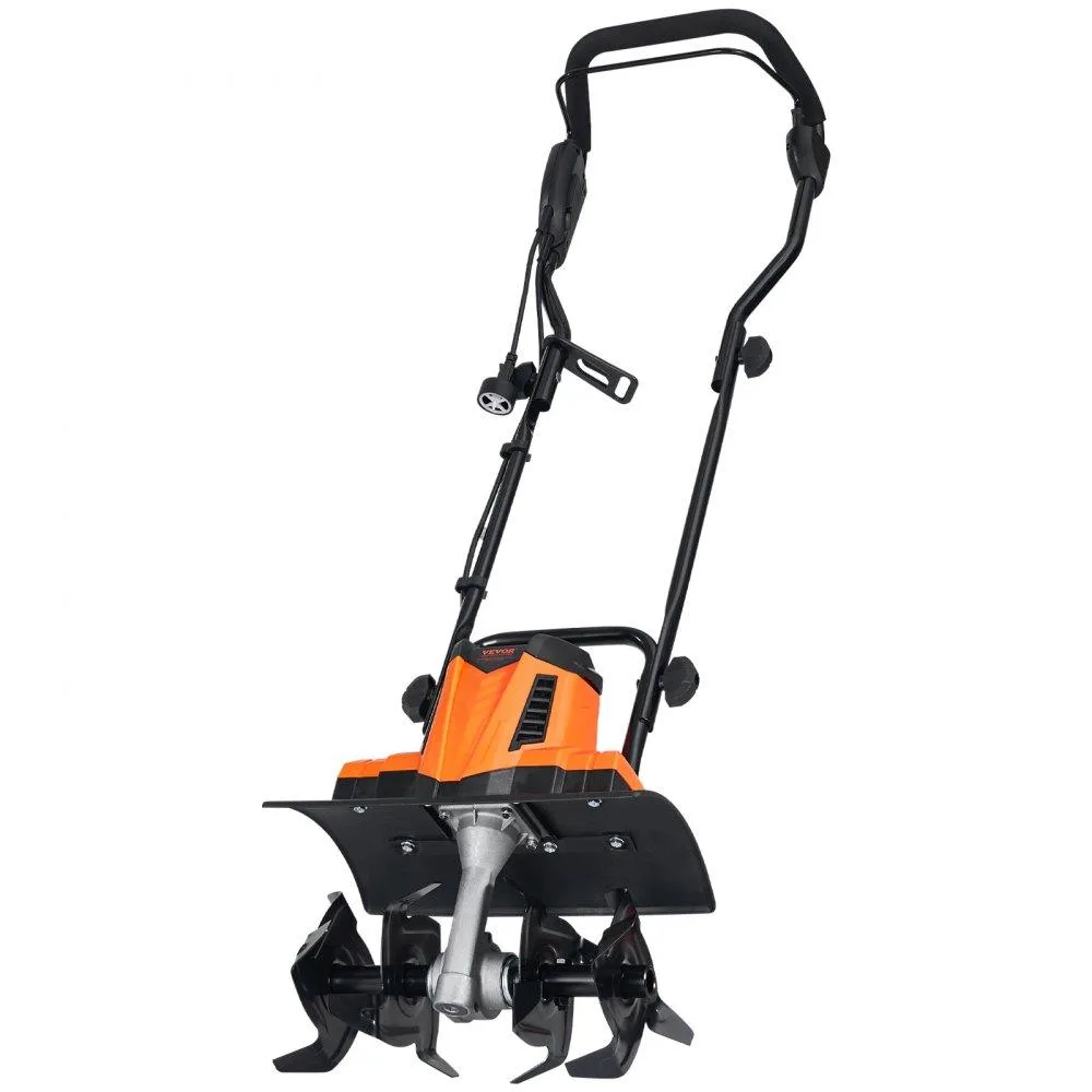 Red electric garden tiller with four curved steel tines, long handle, corded motor housing
