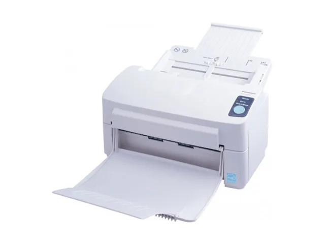White rectangular sheet-fed document scanner with top-mounted ADF tray and front output slot