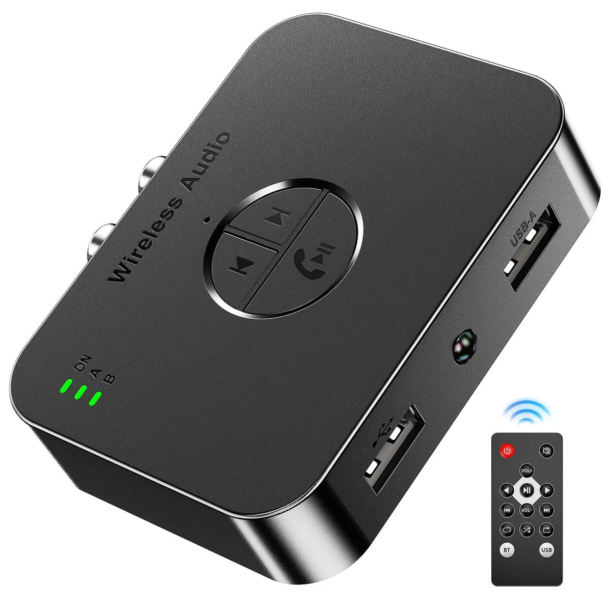 Small rectangular Bluetooth 5.4 receiver with dual USB ports and remote control