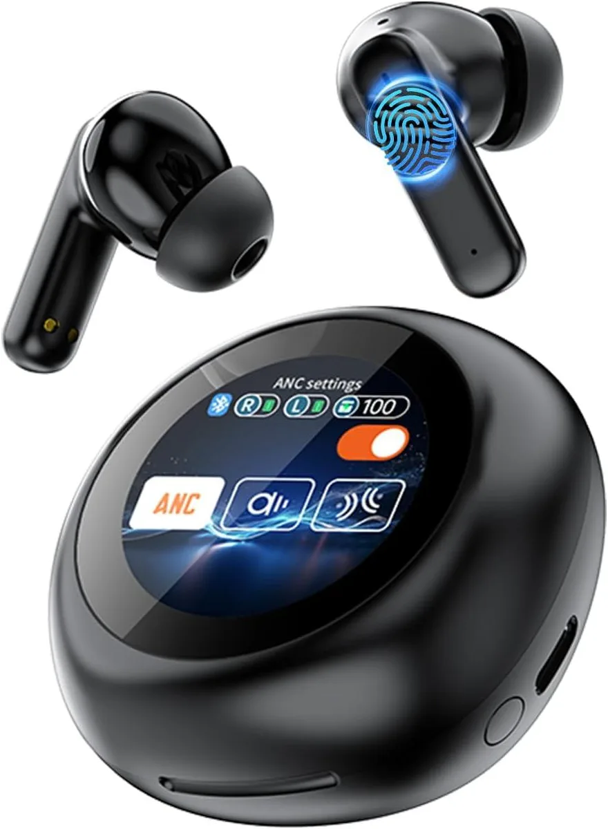 Black wireless earbuds with charging case, Bluetooth 5.4, touch controls