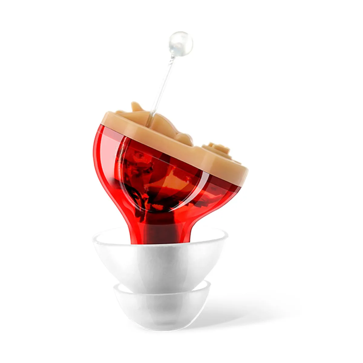 Small red in-ear hearing amplifier, CIC style, discreet finish