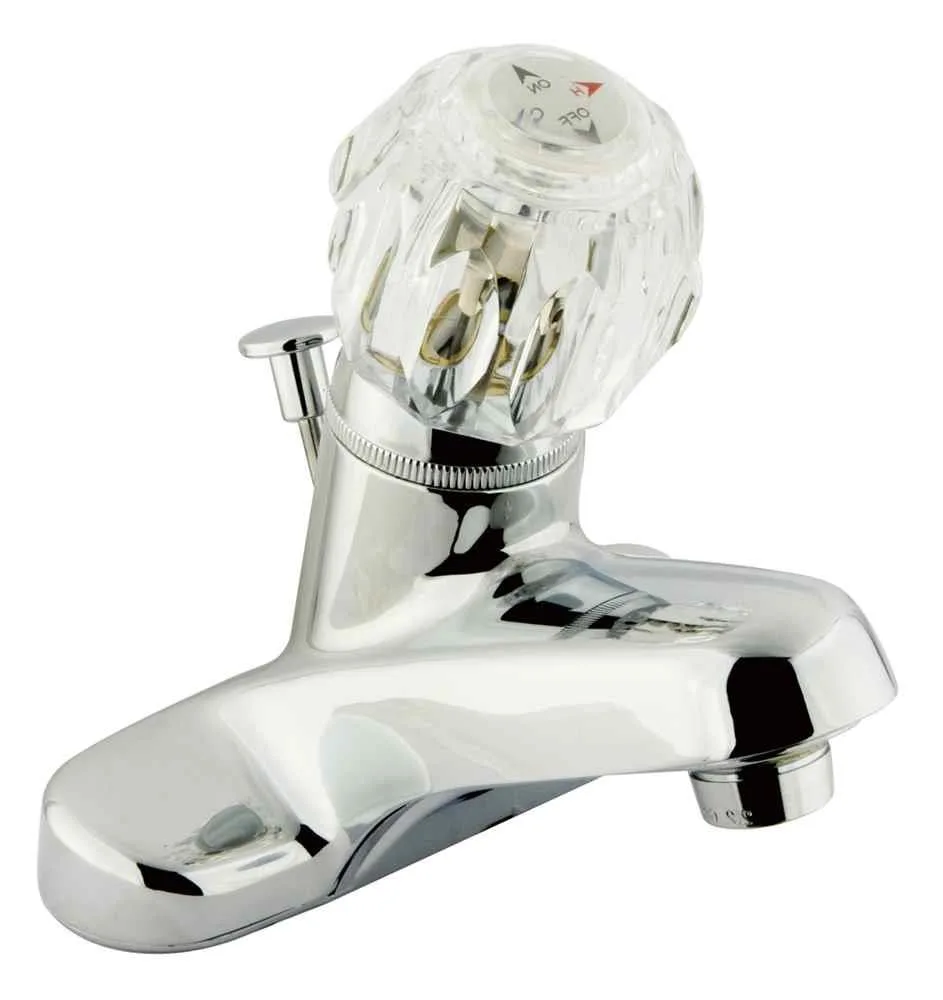 Chrome centerset faucet with clear acrylic handle and brass pop-up drain
