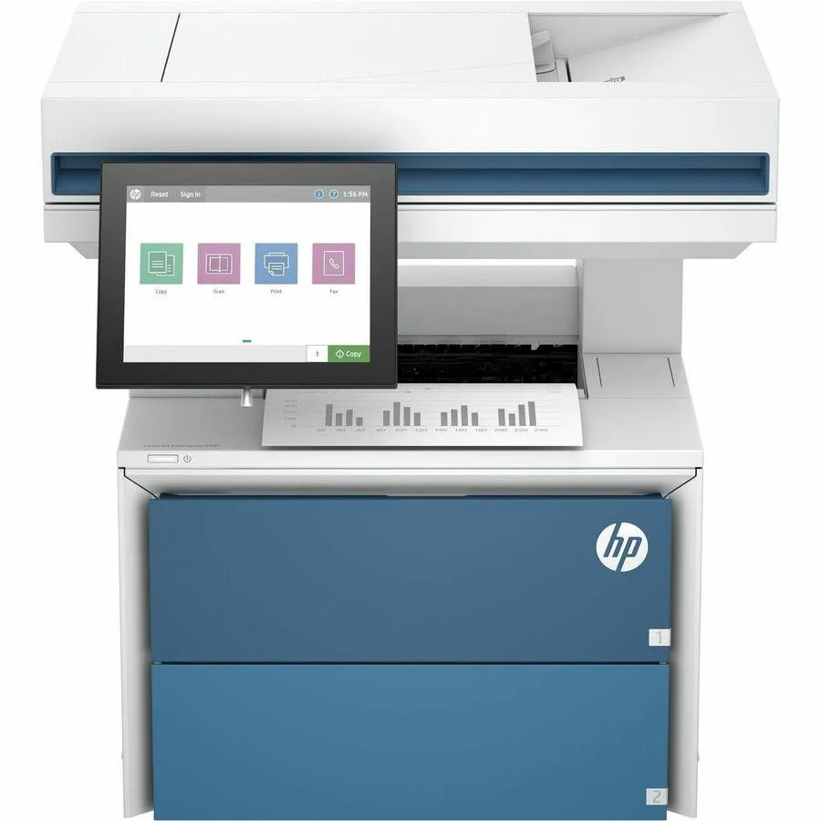 White rectangular office multifunction laser printer with front paper tray and control panel