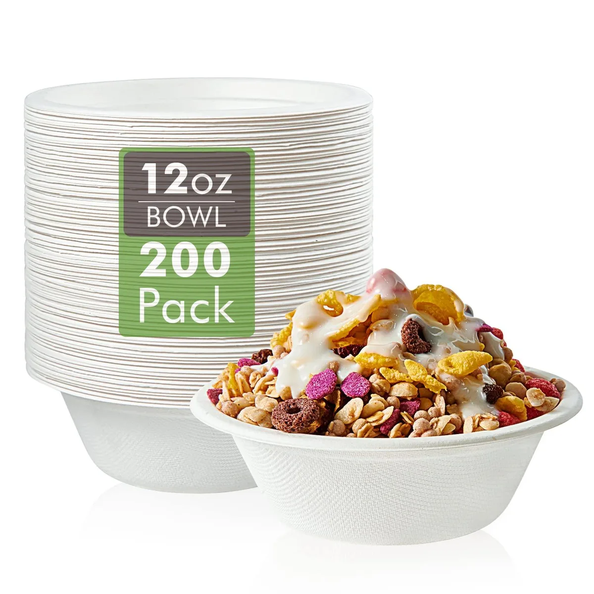 Stack of round brown and red 12 oz bagasse bowls, 200 pack