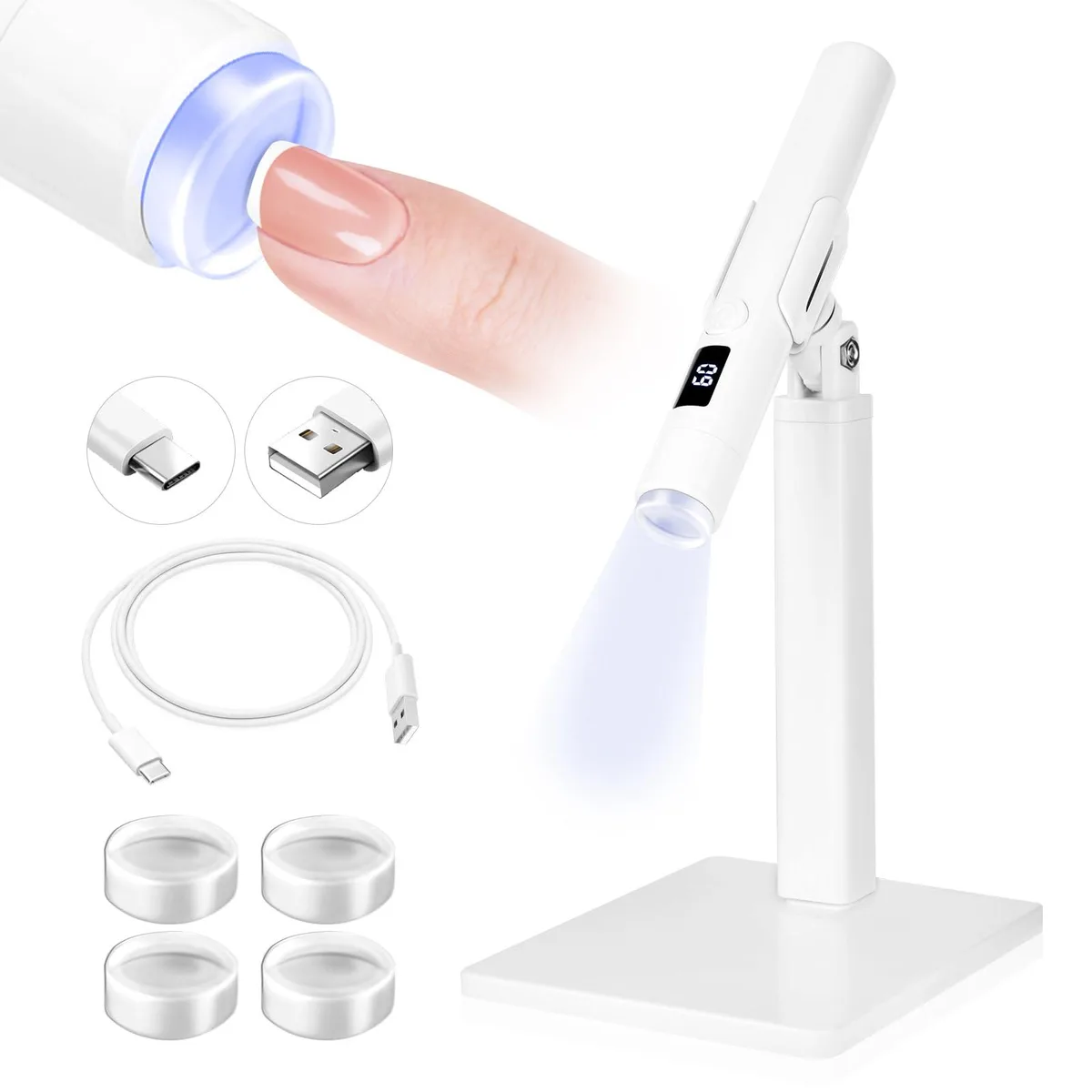 White handheld UV nail lamp with magnetic stand and LCD display