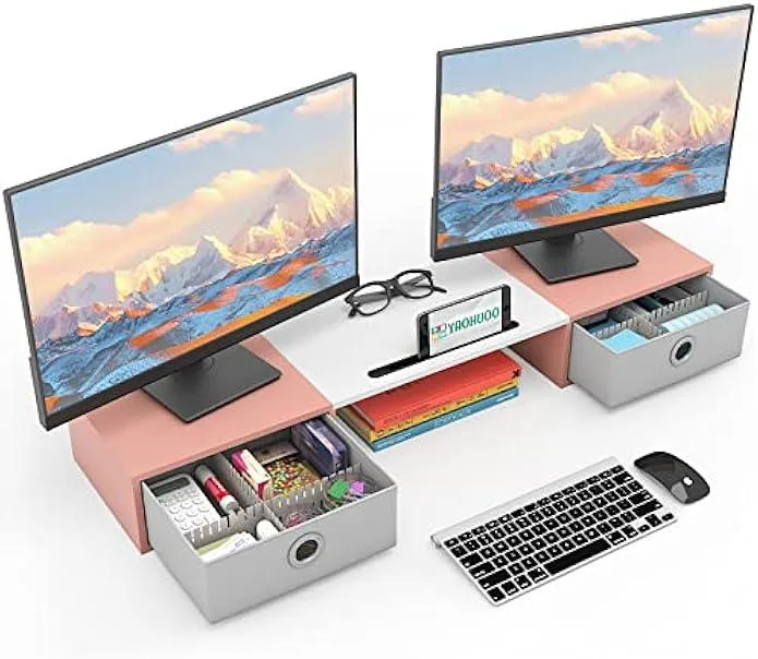 TAURKENAM TAURKENAM Dual Monitor Stand with 2 Drawers White &amp; Pink office equipment — product photo