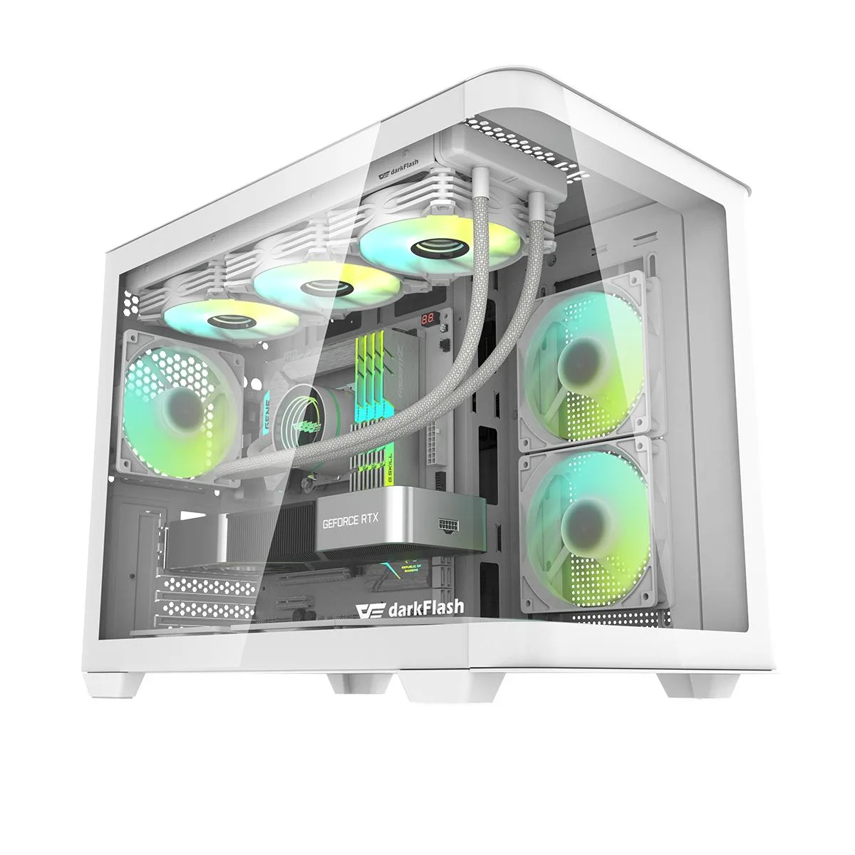 White micro-ATX tower with 270° curved tempered glass front and three ARGB fans visible behind mesh panel