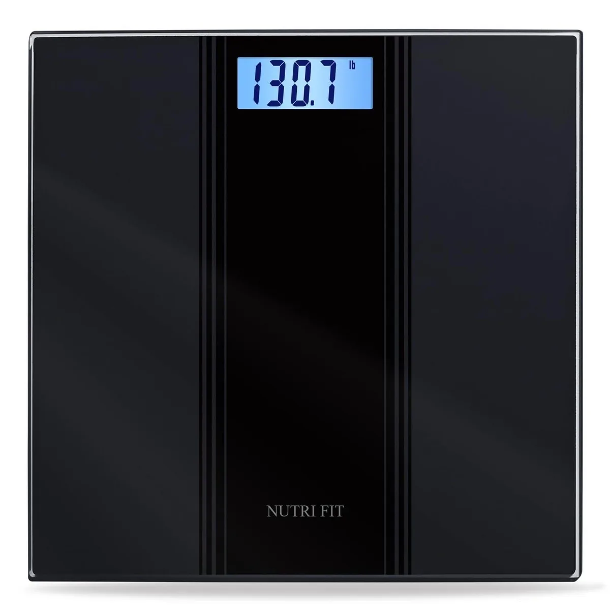 Square black tempered-glass bathroom scale with 1.0-inch backlit LCD display