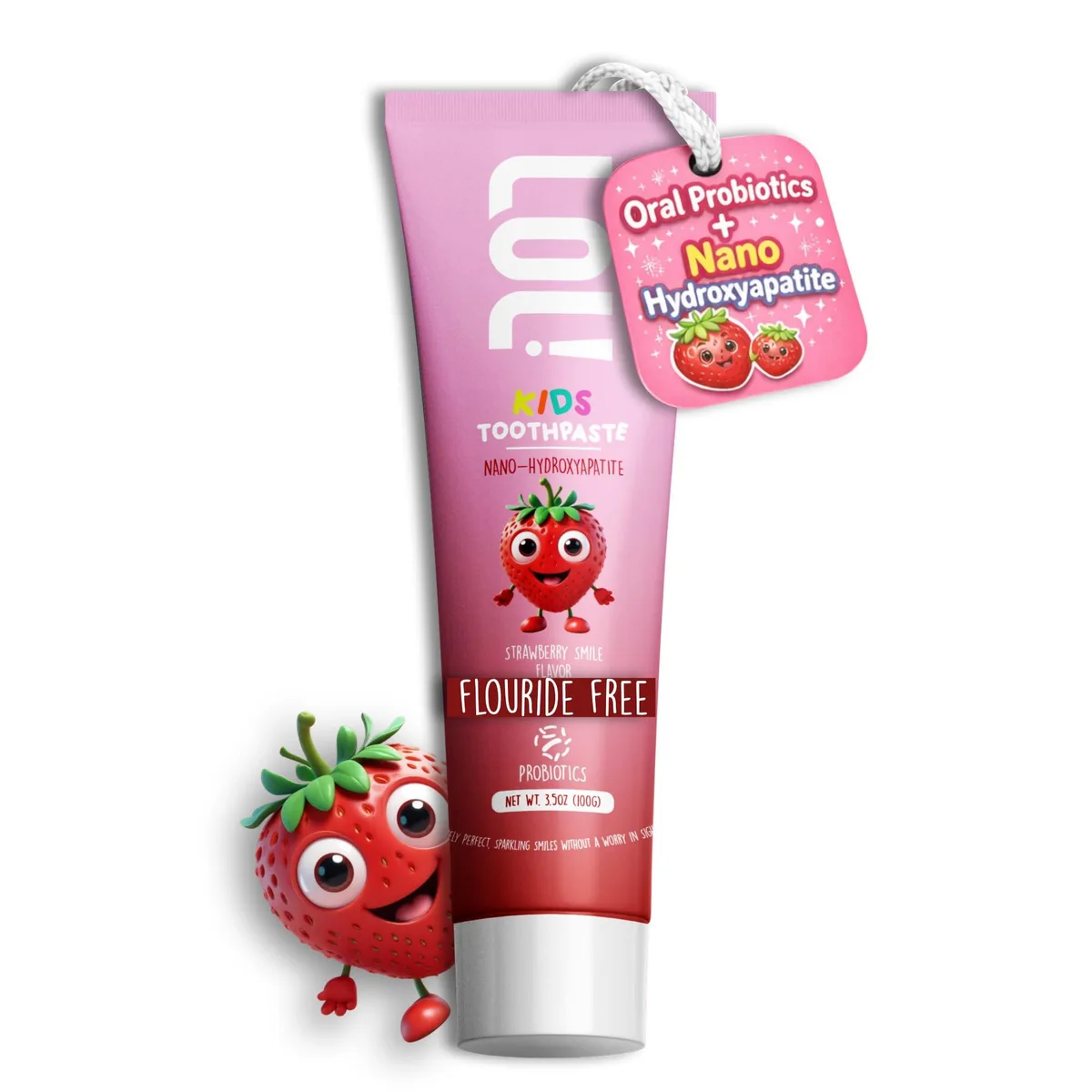 White rectangular tube with flip cap and strawberry graphics, 6.25 inches tall