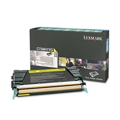 Yellow toner cartridge in rectangular box with Lexmark branding