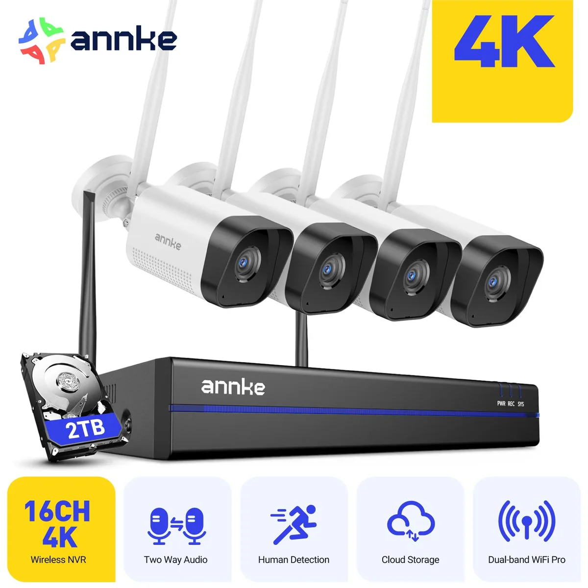 Annke Annke 4K Surveillance Security System 4pcs 8MP Wireless 16CH NVR 2TB HDD — product photo