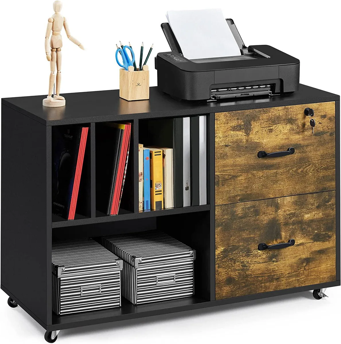 Black and rustic-brown mobile file cabinet with two drawers and four open shelves on five wheels