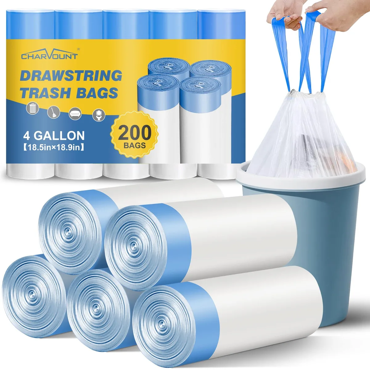 White drawstring garbage bags in bulk pack of 200