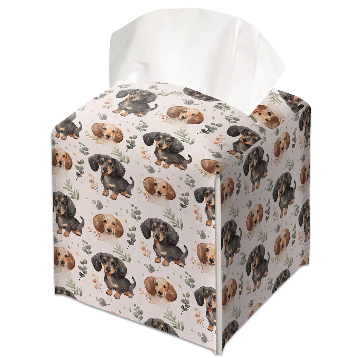 Square tan leather tissue box cover with botanical boho dog pattern, 5.2 inches, Velcro closure
