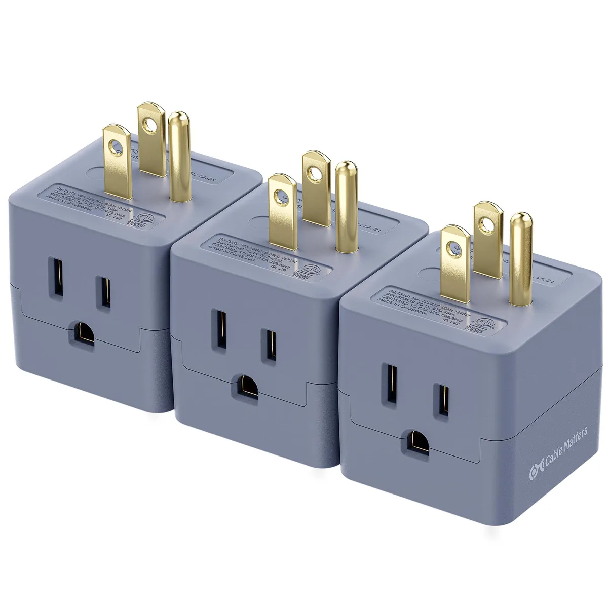  Cable Matters 3-Pack 3-Outlet Grounded Cube Tap 90° Gray 400011x3 — product photo