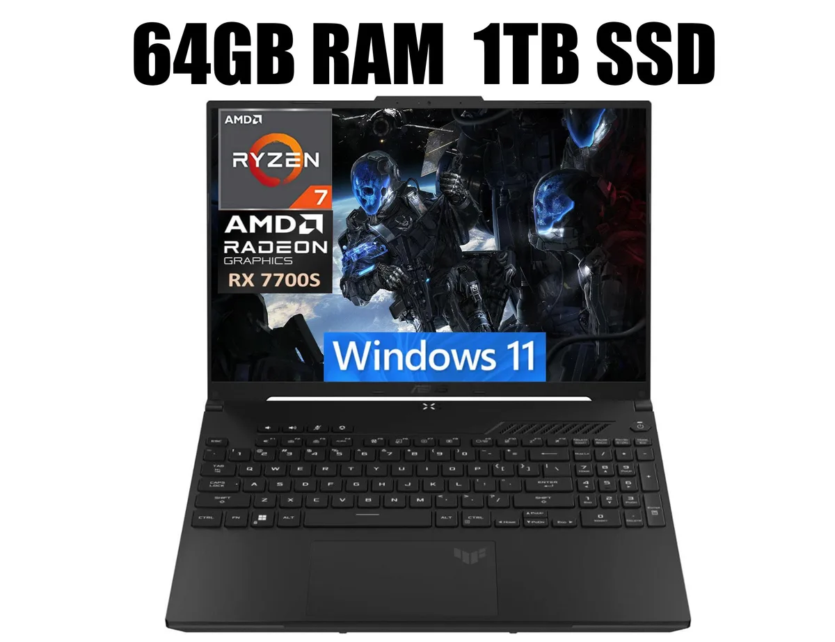 ASUS ASUS TUF A16 gaming laptop Ryzen 7 7735HS RX 7700S 64GB 1TB backlit keyboard — product photo