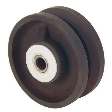 Iron V-groove caster wheel, four inch diameter, two inch wide, grey metal finish