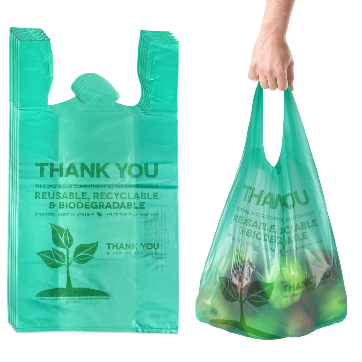 Pack of 100 green biodegradable t-shirt carry-out bags with thank-you print