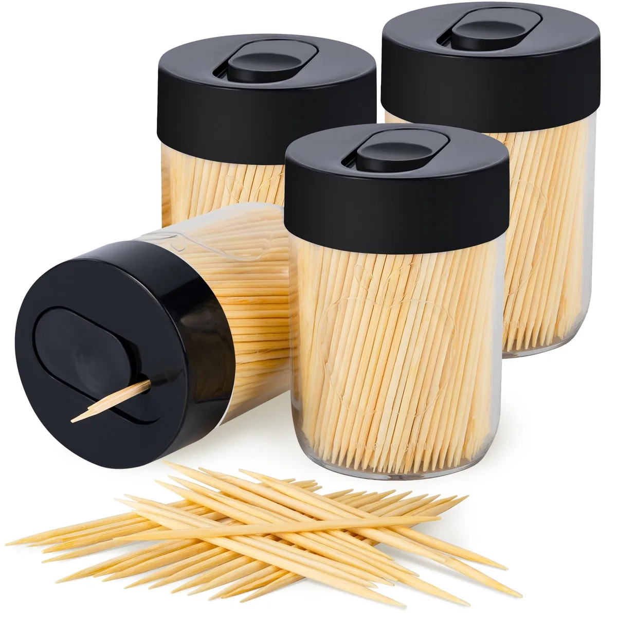 Four red toothpick dispensers with clear lids, 1600 wood picks