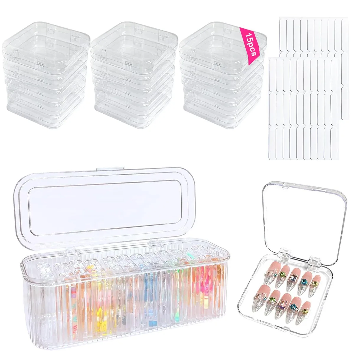 Sawvolker Press On Nail Box -2 transparent blue 15 pcs 60 adhesive tapes — product photo