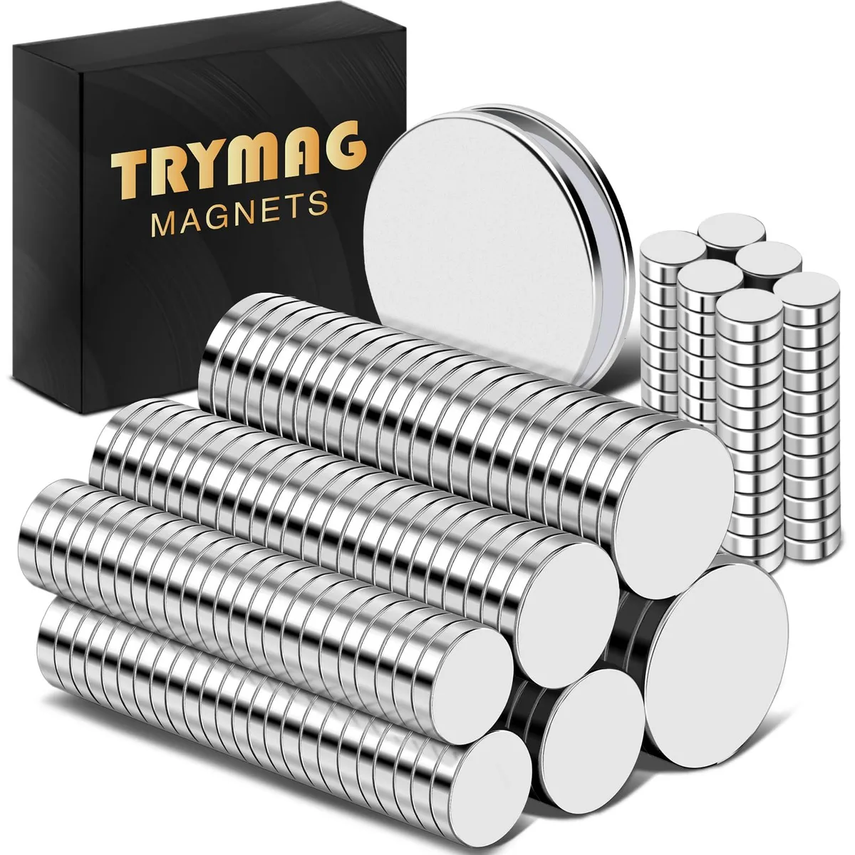 Clear plastic box holding 255 silver disc magnets in six sizes