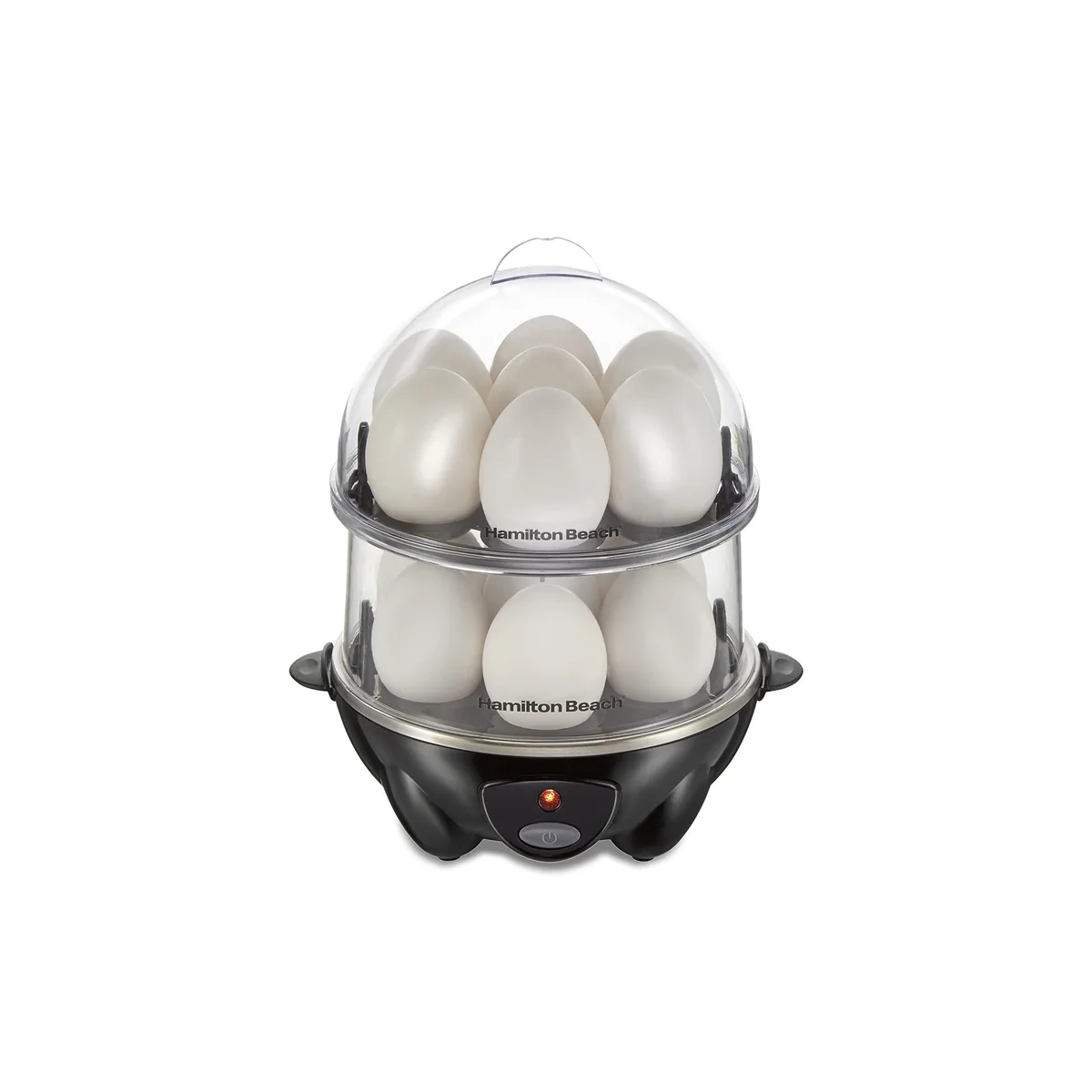 White compact egg cooker with clear lid and trays for 14 eggs