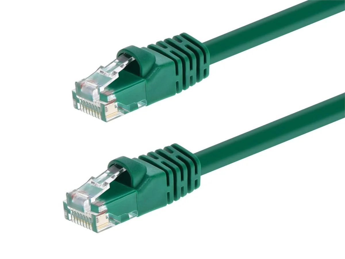 Green Cat6 patch cable, 1 ft, stranded copper, gold RJ45 ends, snagless boots