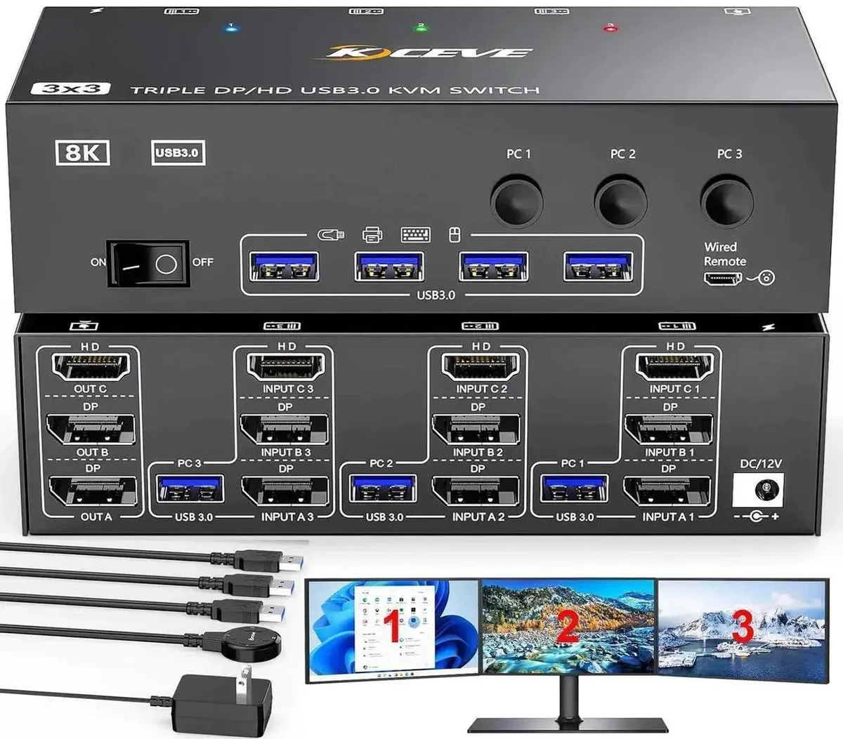 Vszerda Vszerda 3-Port 8K@60Hz KVM Switch (HDMI + 2 DP) — product photo