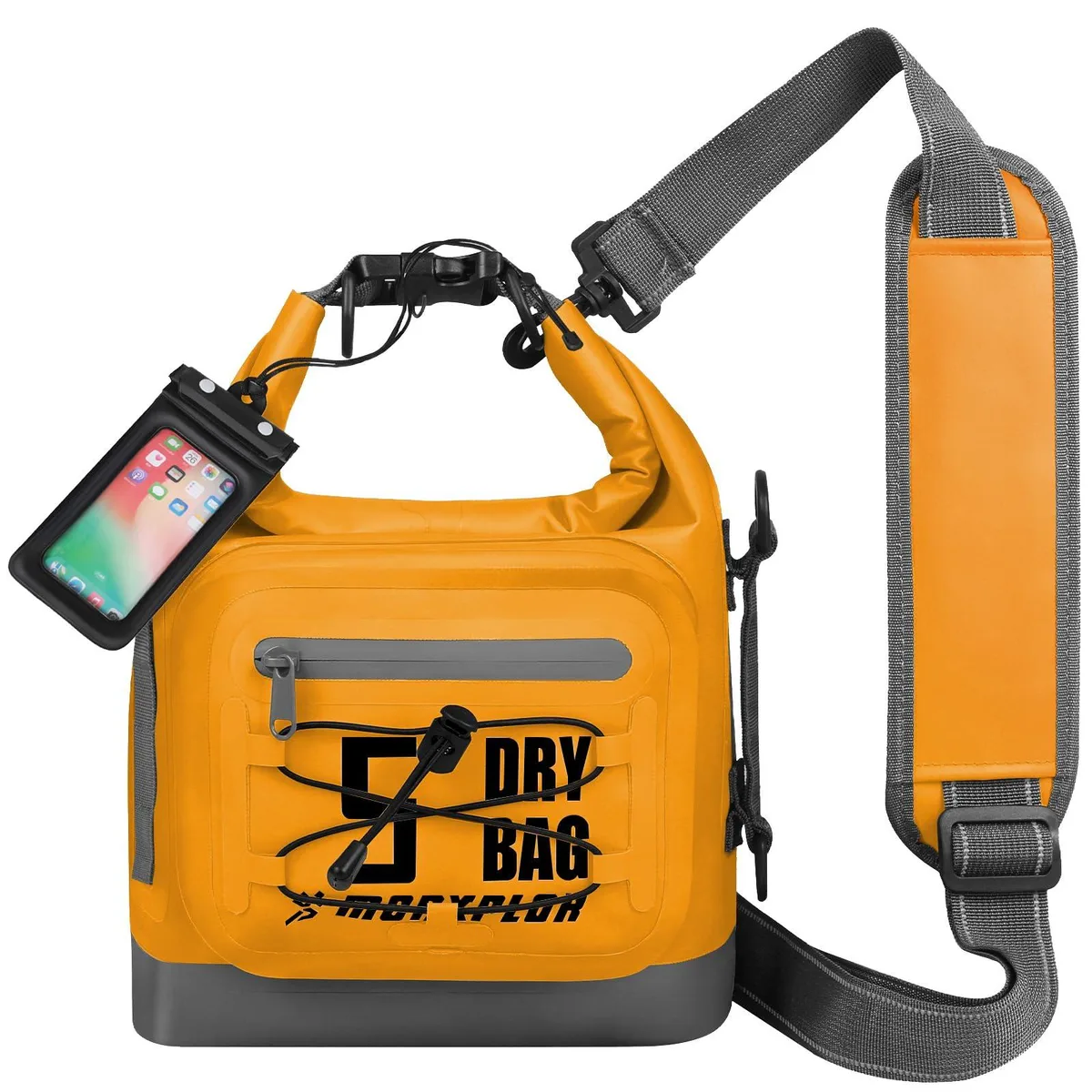 Black nylon roll-top dry bag backpack with reflective straps