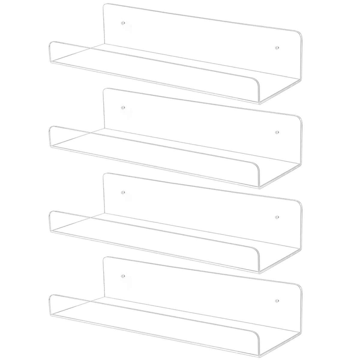 Four clear acrylic wall shelves, 10 inches wide, rectangular with pre-drilled holes
