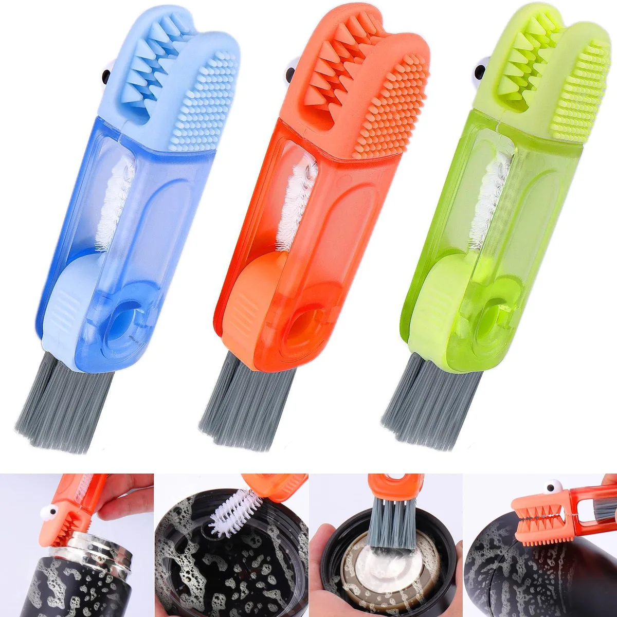 Three coloured brush tools with multiple heads and hanging holes