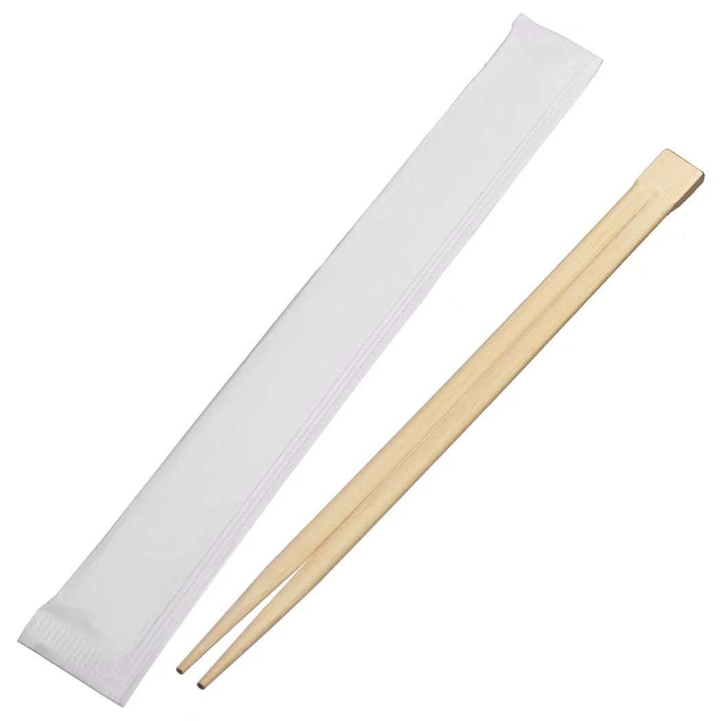 Bundle of 200 black bamboo chopsticks in white paper sleeves, 9 inches long