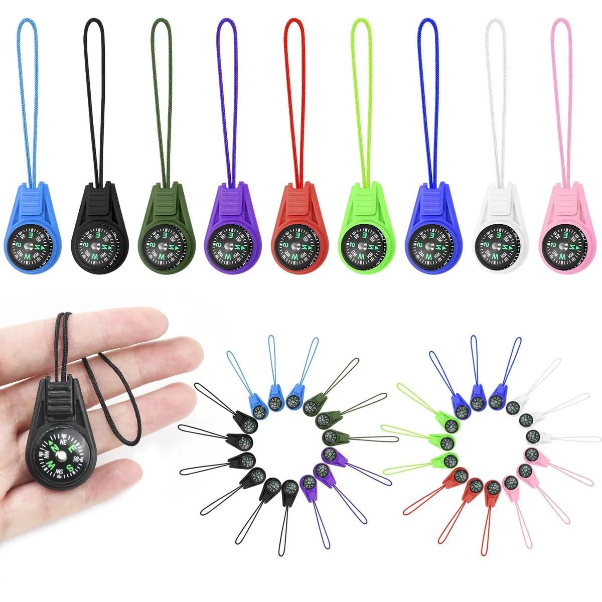 Set of thirty small plastic compasses on cords in assorted colours