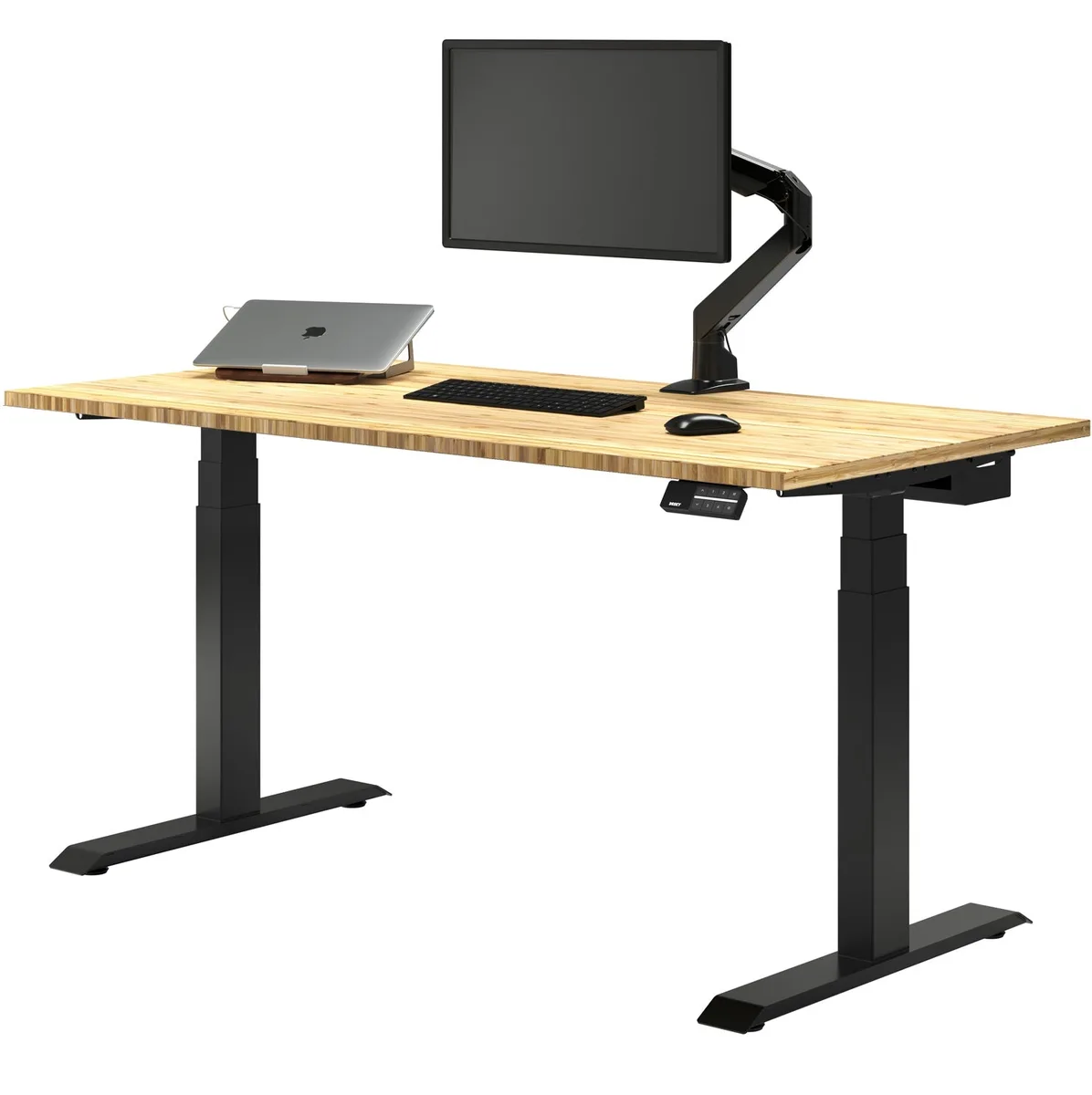 Desky Desky Dual Bamboo Sit Stand Desk 72 x 30 in Bamboo Matte Black Grommets office furniture — product photo