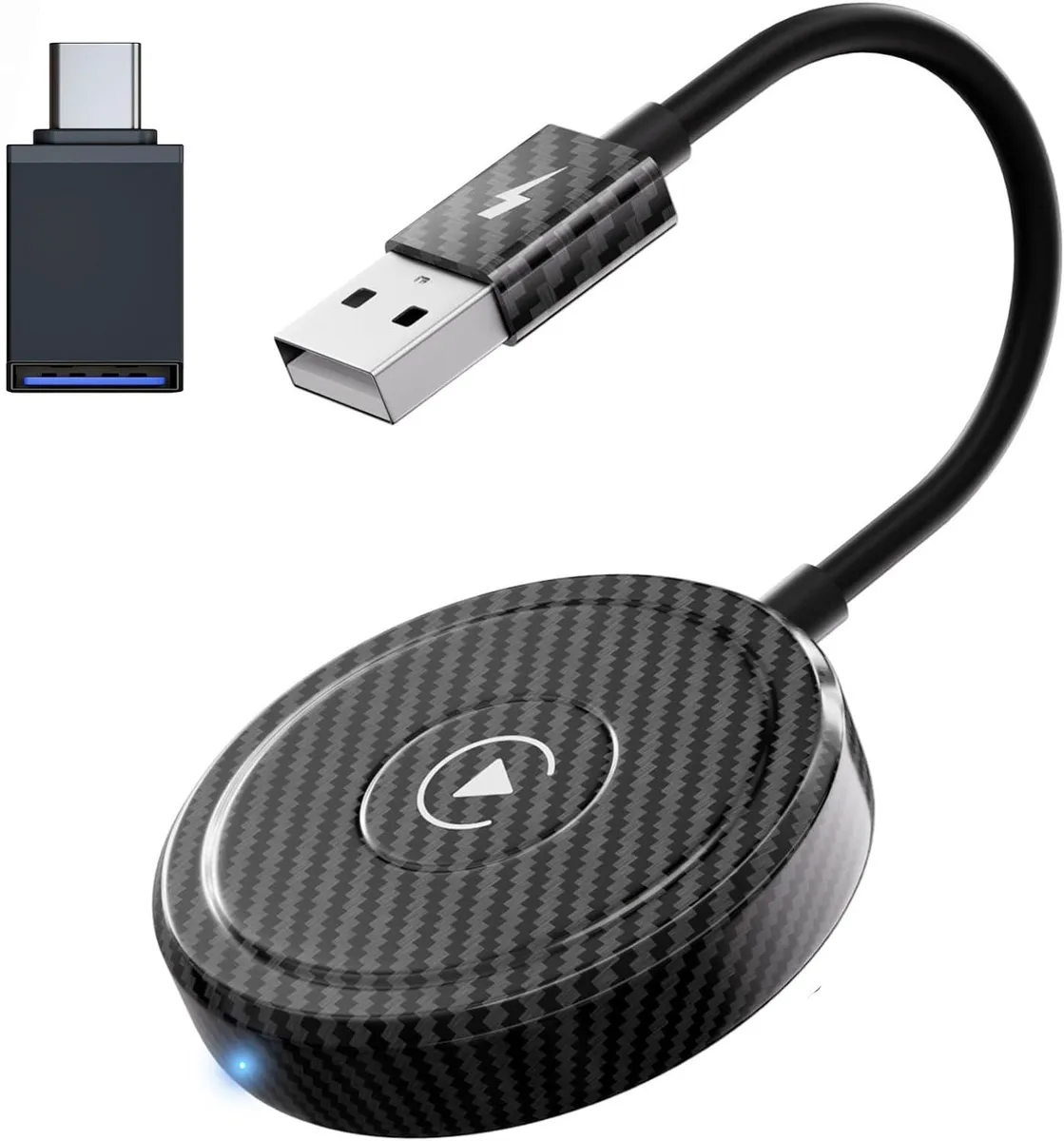 Small black rectangular dongle with USB and Type-C connectors